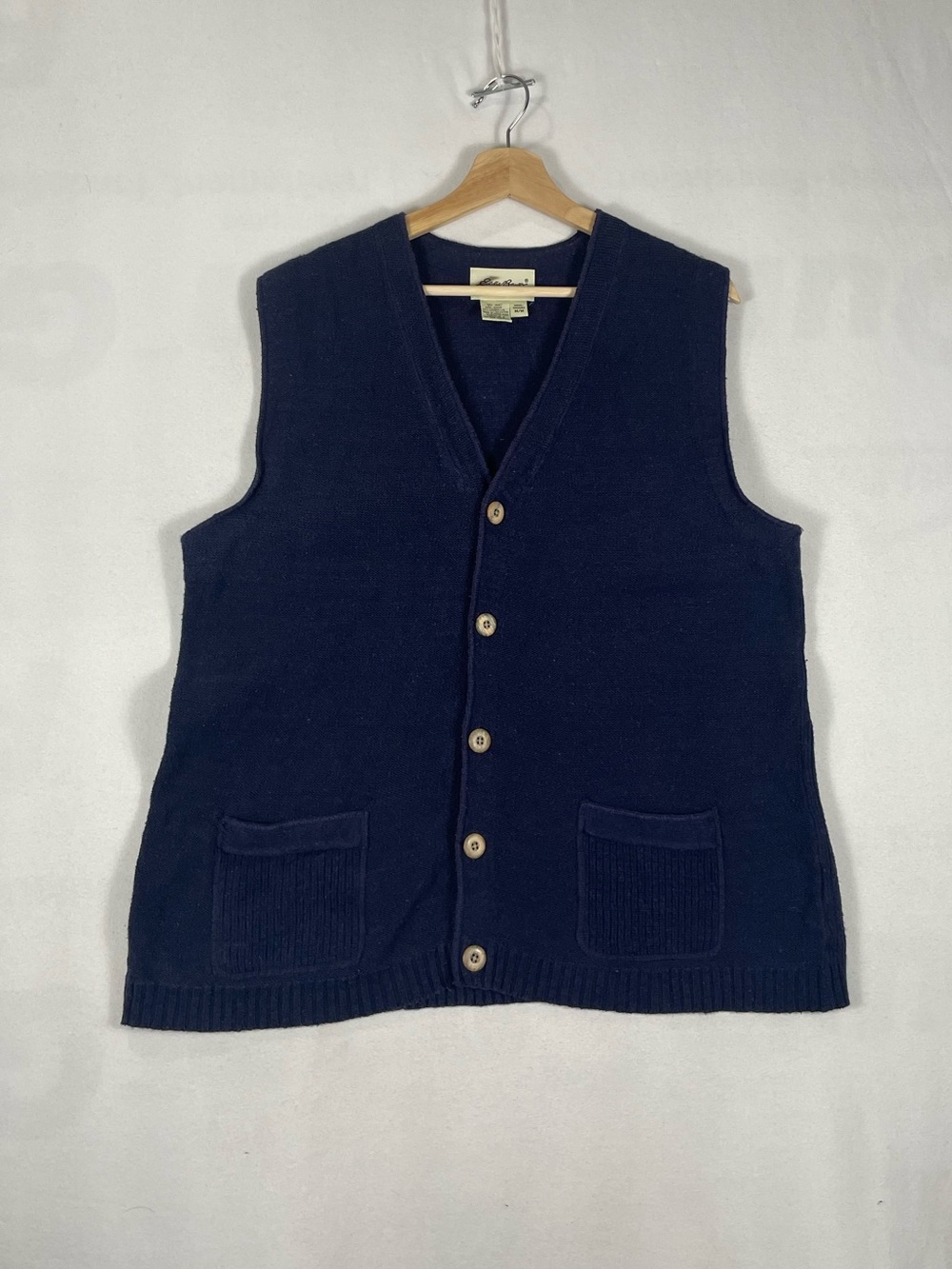 Vintage Eddie Bauer Linen Cotton Navy Button Vest Sleeveless Hong Kong Sz M